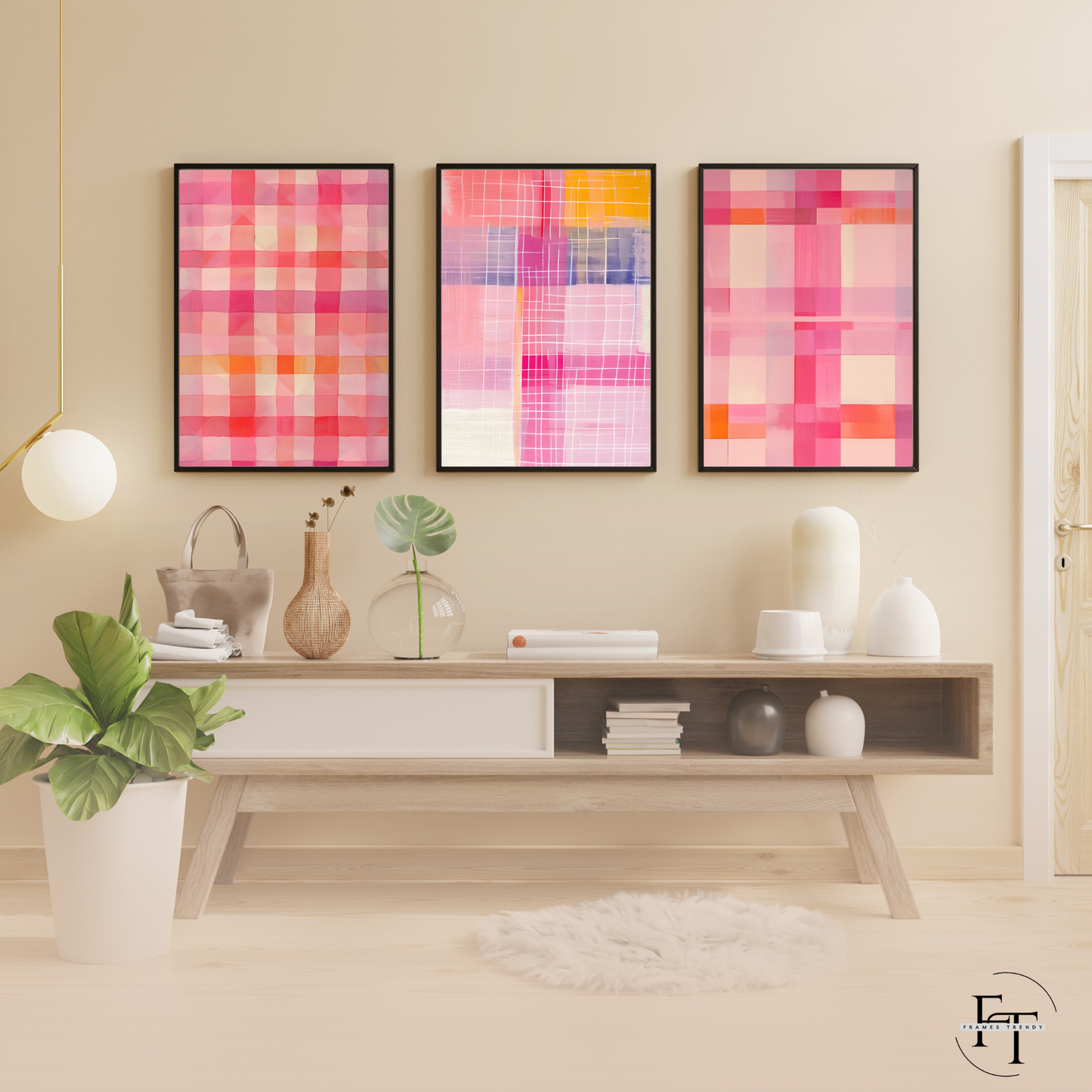 Pink Plaid Abstract Wall Art - Set of 3