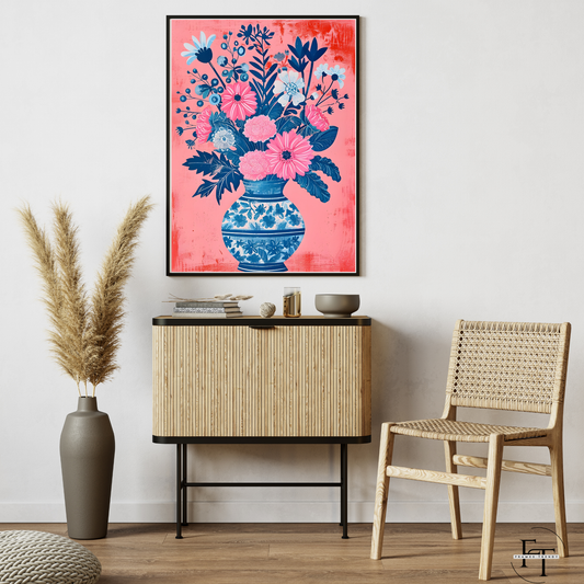 Blue Floral Vase on Coral Background