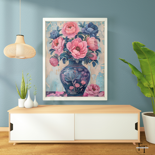 Peonies in a Vintage Blue Vase - Framed Print